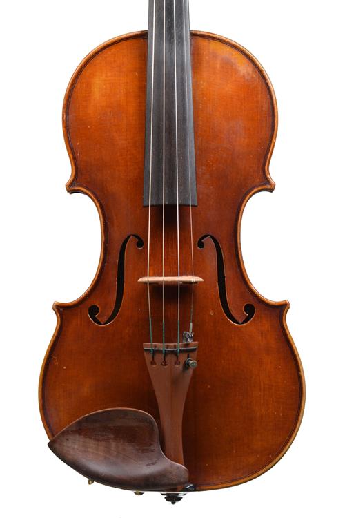 Front of Strad model violin by Tomas Pilar show...