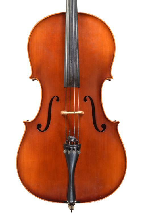 Front of Romanian cello showing reddish varnish...