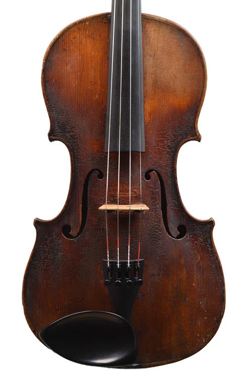 Front of the Mittenwald violin showing rich dark varn...